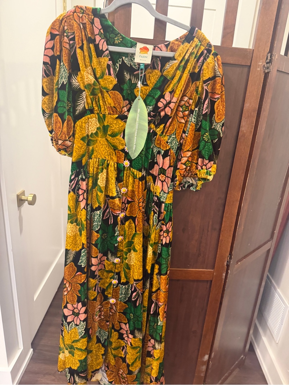 FARM Rio Girls Floral Puff-Sleeve Dress in Mustard, Green & Pink - Picture 2 of 3